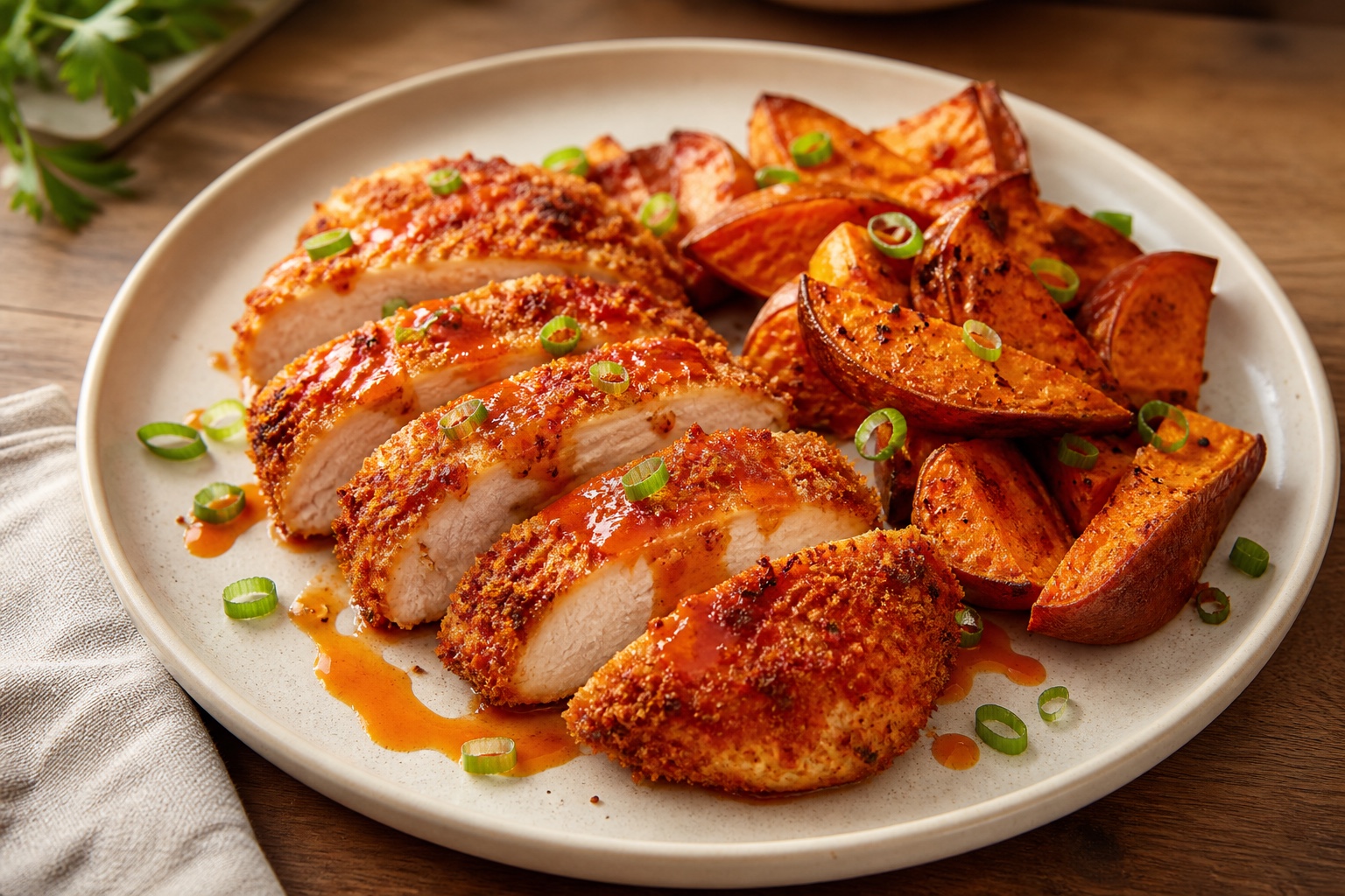 Crispy Buffalo-Spiced Chicken with Roasted Sweet Potatoes