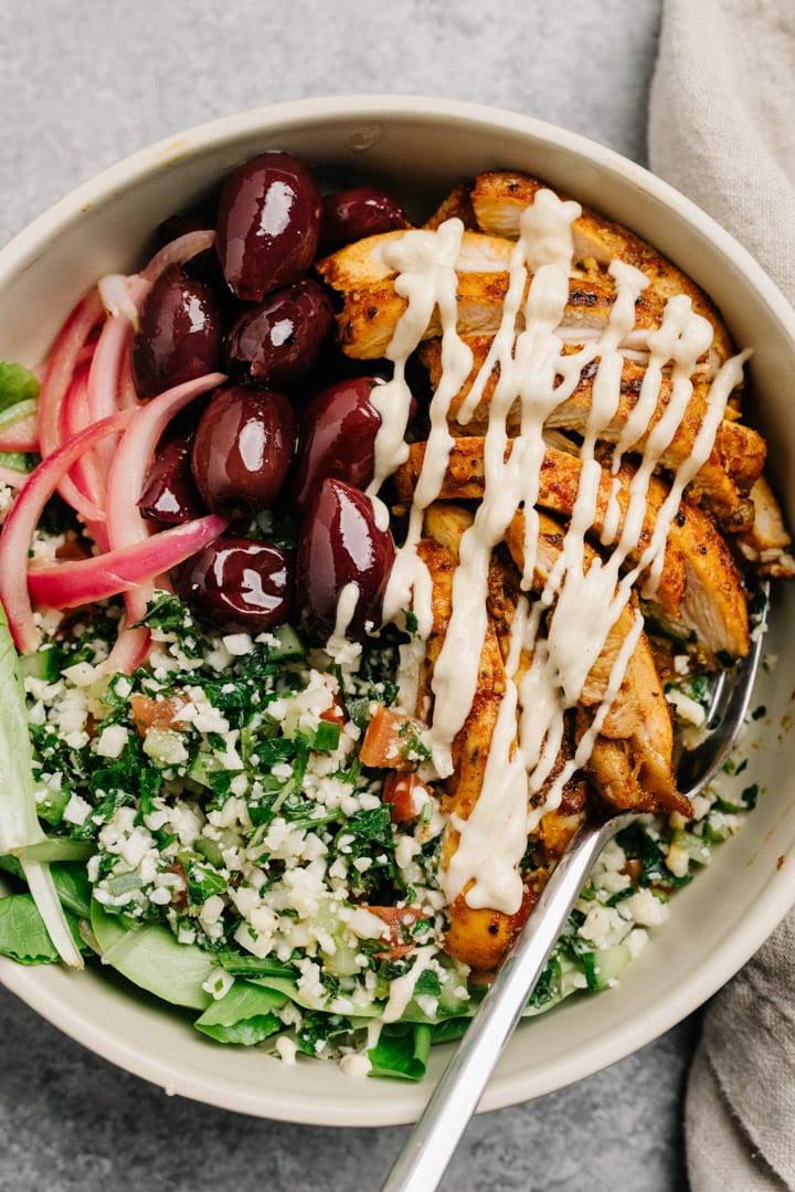 Chicken Shawarma Bowls with Garlic Sauce and Pickled Onions