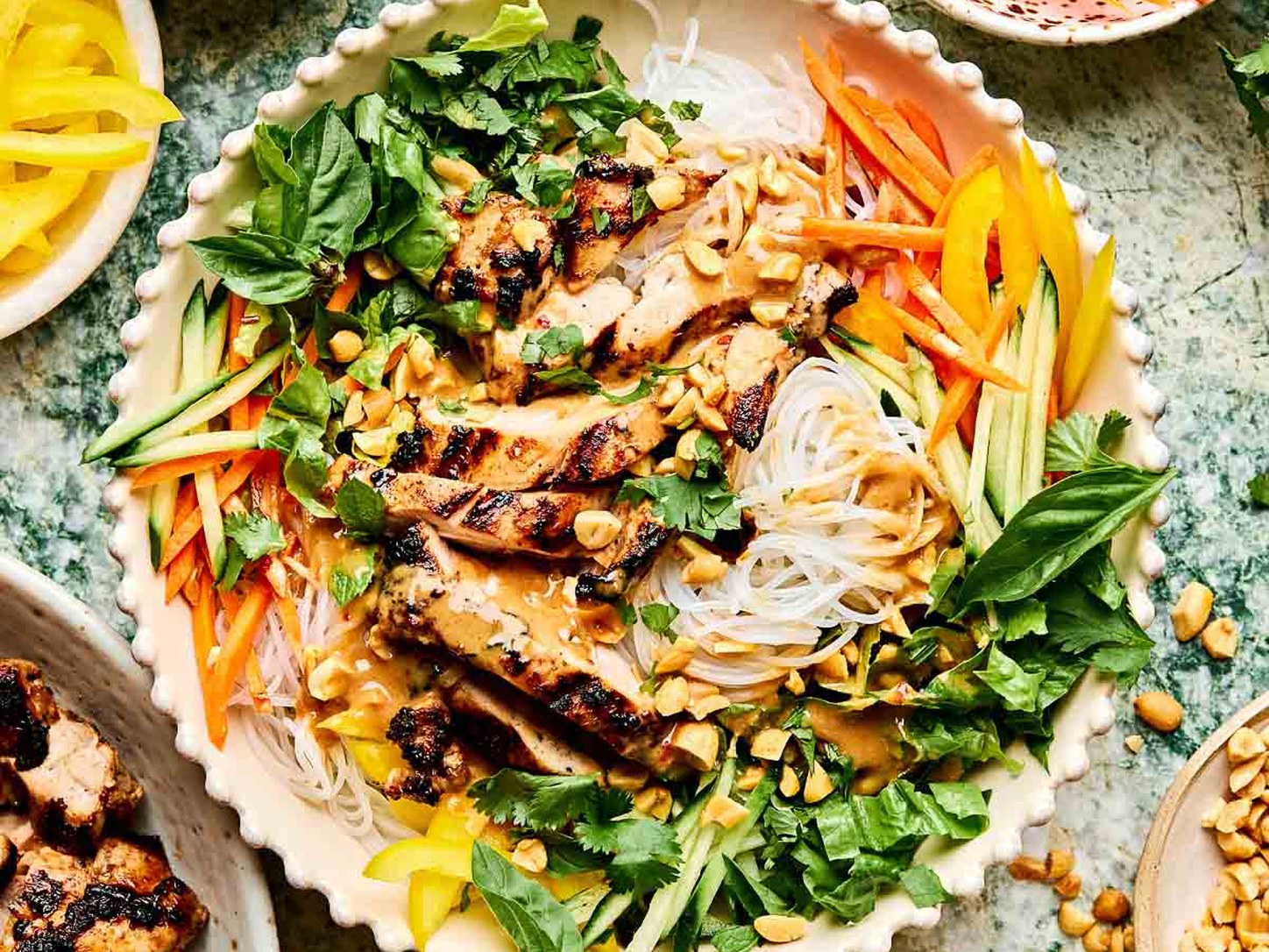 Chicken Spring Roll Noodle Bowl with Peanut Dressing