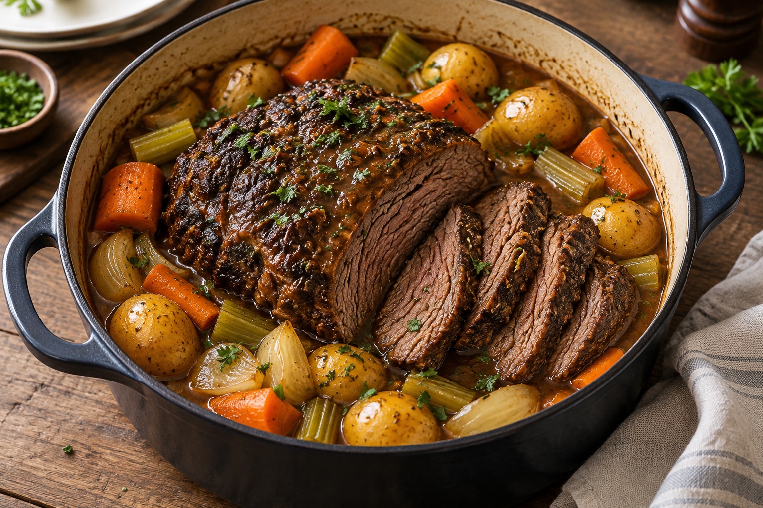 Classic Sunday Pot Roast with Potatoes, Carrots, and Pan Gravy