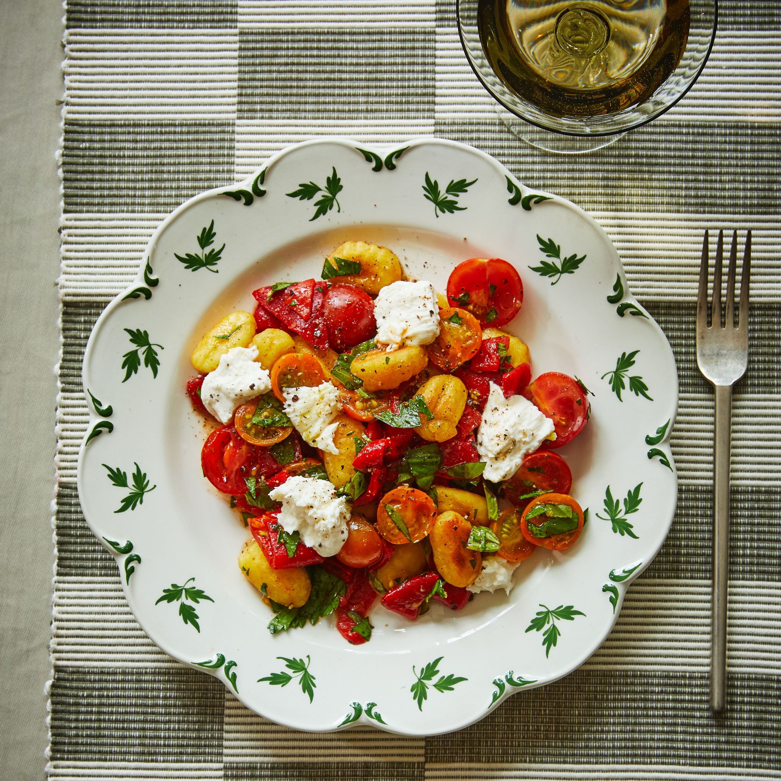 Crispy Pan-Fried Gnocchi Caprese with Roasted Peppers and Basil