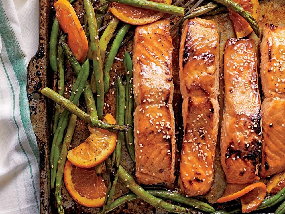 Broiled Honey-Soy Salmon with Asparagus, Green Beans, and Oranges