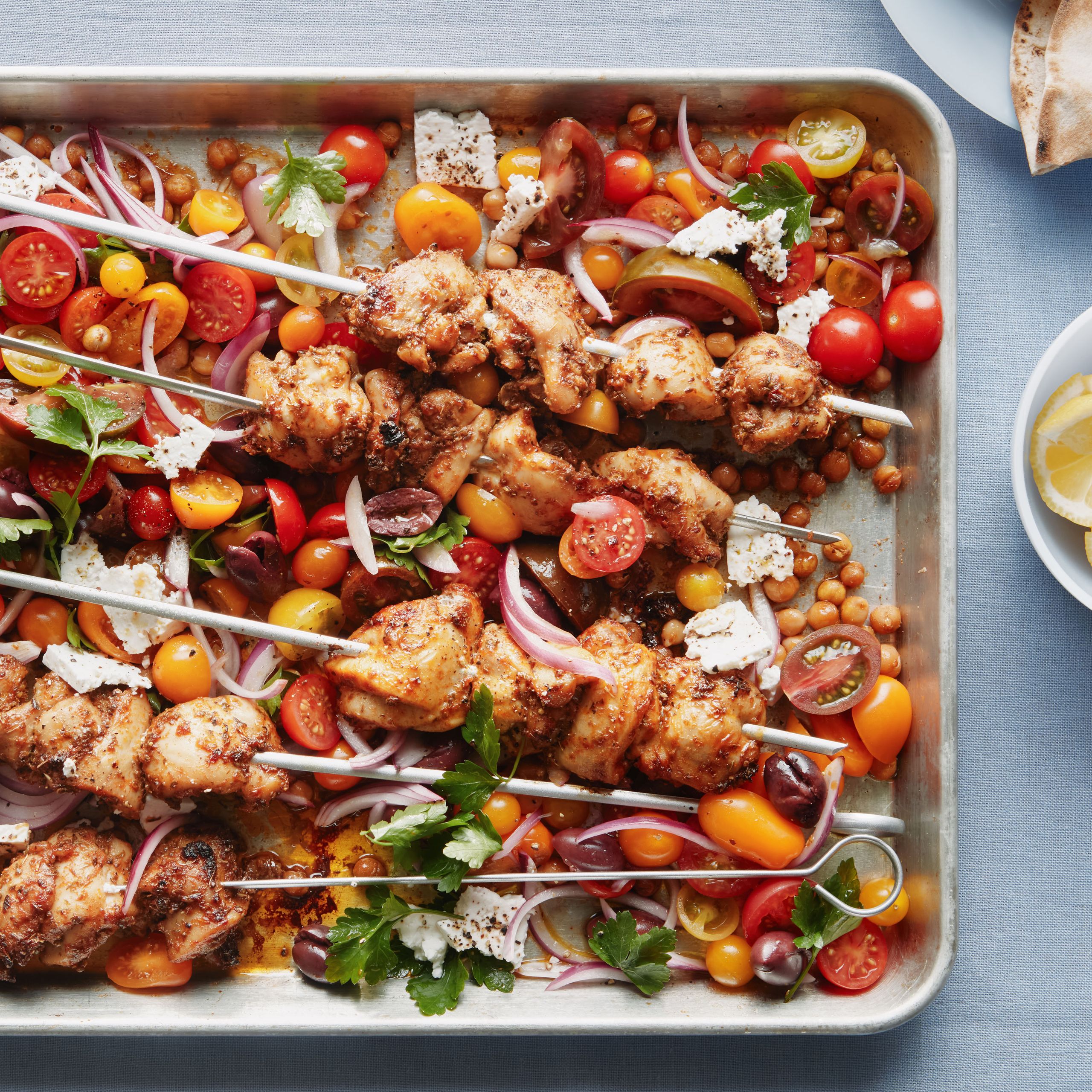 Greek Sheet-Pan Chicken Souvlaki with Spiced Chickpeas and Feta