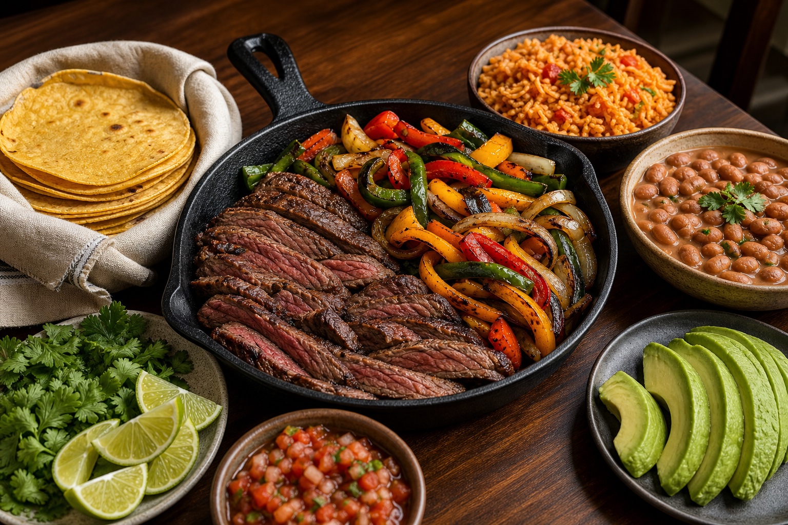 Sizzling Steak Fajitas with Pinto Beans and Tomato Rice
